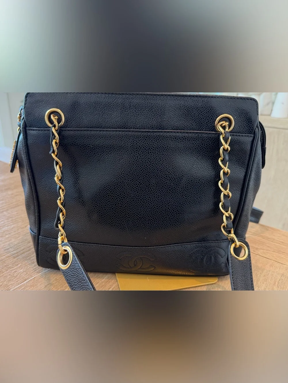CHANEL Black caviar Leather Shoulder Bag tote with Gold Chain Accents